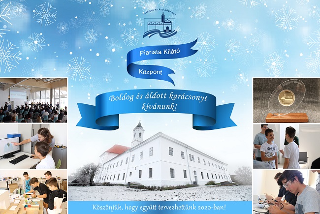 A kép a Piarista Kilátó Központ karácsonyi üdvözletét tartalmazza. Rajta a Kolostor épülete hóesésben: felirat: Boldog és áldott karácsonyt kívánunk!