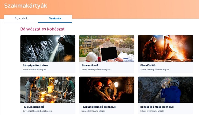 A kép az Innovatív Képzéstámogató Központ (IKK) weboldalát ábrázolja. Felirat Szakmakártyák és azon belül a bányászat és kohászat szakmák felirattal.
